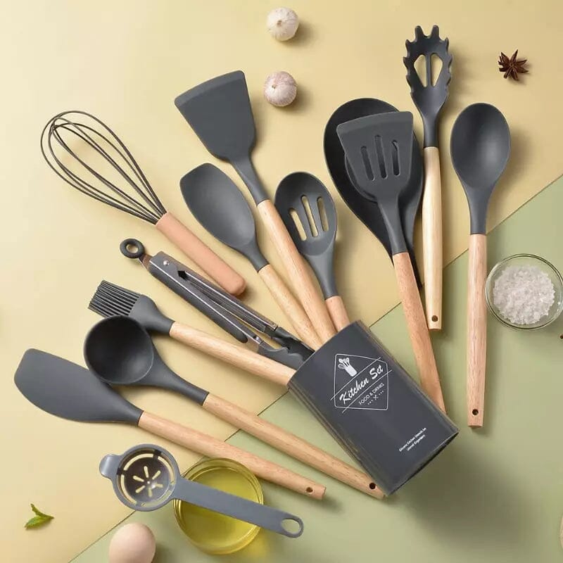 Kit de Utensílios de Cozinha Silicone Master 12 Peças Kit de Utensílios de Cozinha de Silicone com 12 Peças Superfacilita Preto 